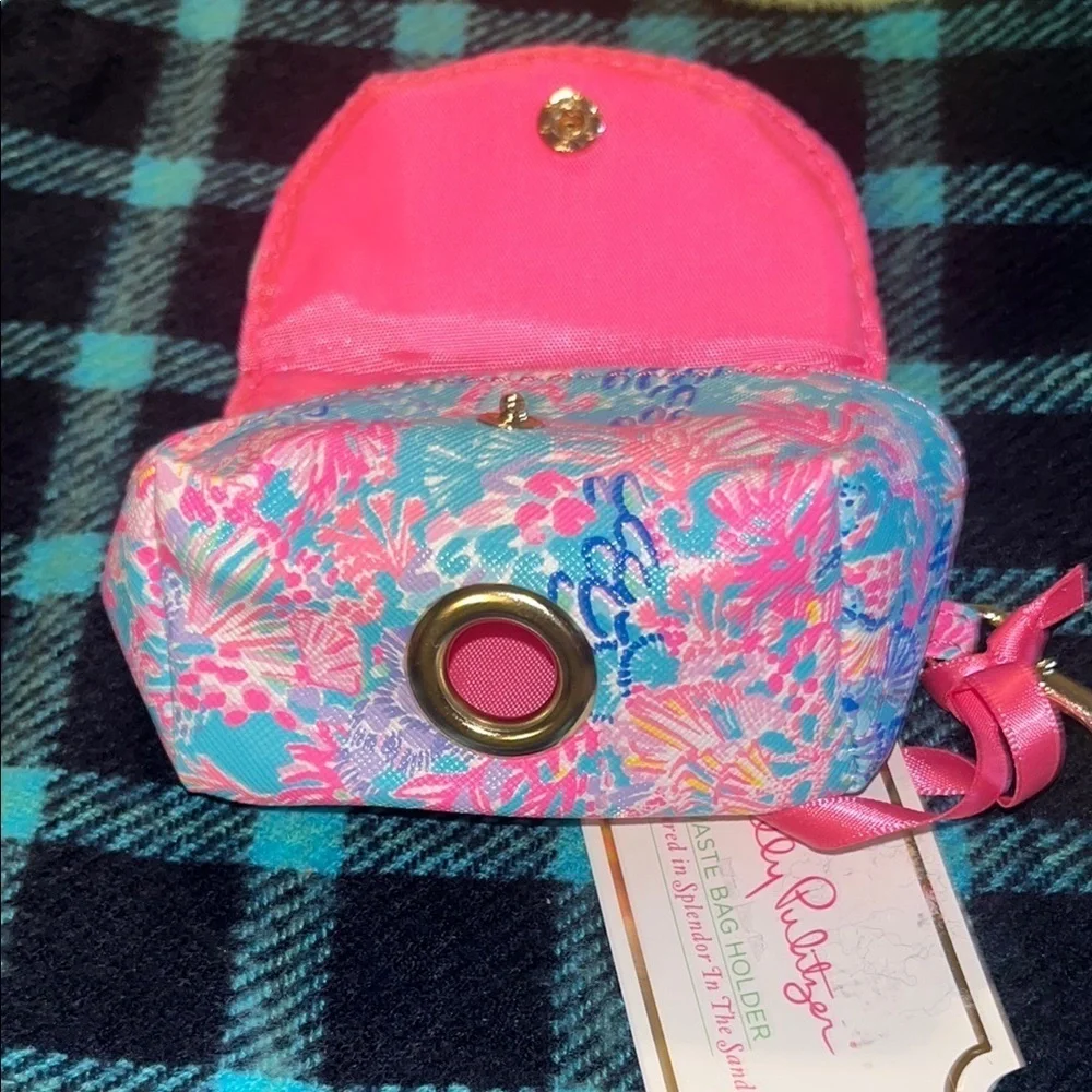 Lilly Pulitzer Waste Bag Holder  with Yellow Pom Pom and White Leather Keychain